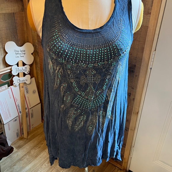 LADIES WOMEN BY VOCAL XL TO 2X BLUE BEADED BEDAZZLED TOP SHIRT BLOUSE - Picture 4 of 7